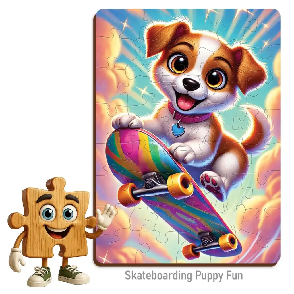 Wooden Puzzle 40 Skateboarding Puppy Fun 1