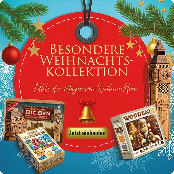 Frohe Weihnachten Banner mit 3D Holzmodell und Holzpuzzle